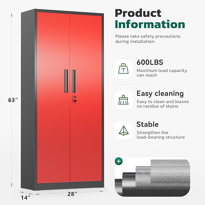 Greenvelly Metal Cabinet, 63”Tall Kitchen Pantry Storage Cabinets with 2 Lock Doors and 4 Adjustable Shelves,Black Red Kitchen Cabinet Storage for Dinning Room,Garage,Office