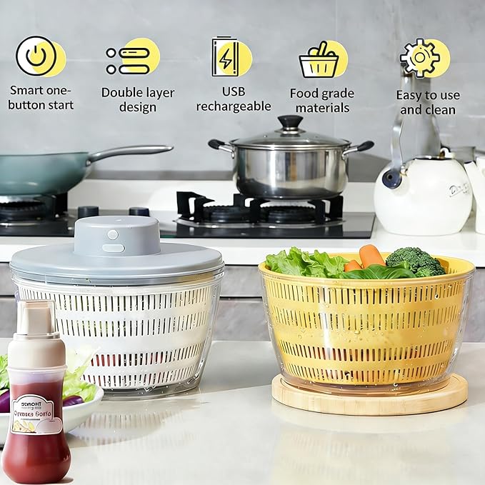 Large Salad Spinner,3-in-1 Vegetable Wash Bowl, Salad Bowl & Lettuce Spinner, Fruit Cleaner,4.22Qt Lettuce & Fruit Washer, Quick Drainage Electric Mixer