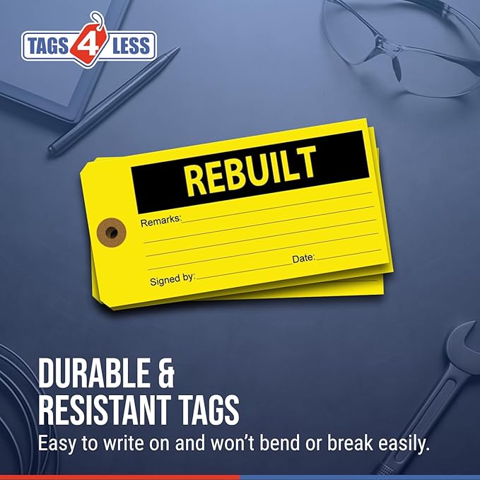 Tags 4 Less Production Quality Control Hang Tags – Equipment Preventative Maintenance Labels, for Easy Record-Keeping for Inventory Status (Rebuilt, Pack of 100)