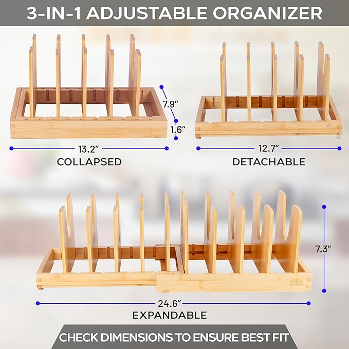 Pot and Pan Organizer for Under Cabinet – Bamboo Pot Lid Organizer for Cabinet with Magnetic Lock, Expandable 2-in-1, Adjustable Dividers, Non-Slip Base for Cutting Boards, Cookie Sheets, Bakeware