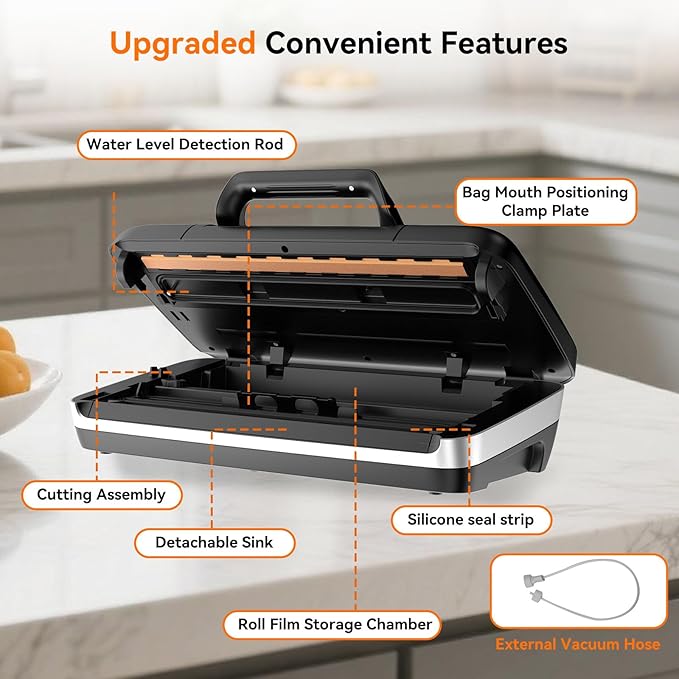 85Kpa Vacuum Sealer Machine - Christmas Kitchen Gifts, 10-in-1 Full Automatic Food Saver with Easy-Lock Handle, Built-in Cutter & Roll Storage for Dry/Moist Foods, Includes Bags & External Hose