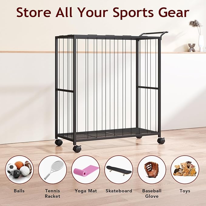 Ball Storage Bin Rolling Sports Ball Cart, Metal Garage Organizer Sport Rack, Ball Basket Storage, Ball Cage for Garage or Gym, Indoor & Outdoor Sports Equipment Organizer Black