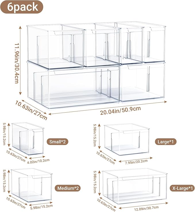 Clear Plastic Storage Bins with Dividers for Kitchen Pantry Organization, 6 Pack Thicken Stackable Storage Container Boxes for Refrigerator Cabinets Vanity Organizers and Storage, C6-3