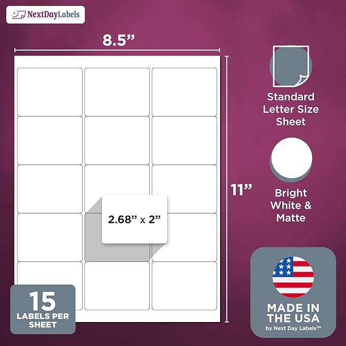 NextDayLabels 2.69x2 Inch Rectangle Stickers White Blank Labels for Laser Inkjet Printer - 15 Per Sheet Self-Adhesive Shipping Name Tags Product Made in USA - 375 Labels