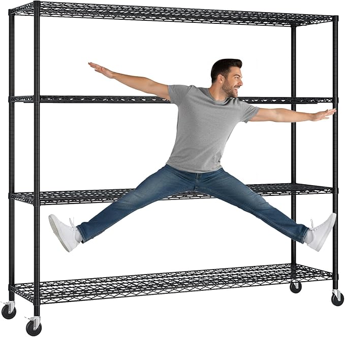 VINGLI 4 Tier Metal Storage Shelves 75''H Wire Shelving with Wheels for Storage Adjustable Heavy Duty Garage Shelving Storage Racks for Pantry Shelves Kitchen Office Garage, 75''H X59''W X23''D