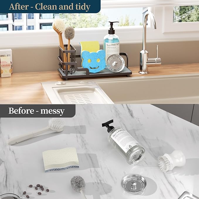 Consumest Sponge Holder for Kitchen Sink - Sink Caddy Organizer with Water Absorbing Stone Tray, Detachable Brush Holder, Stainless Steel Kitchen Counter Organizer Rack, Bronze