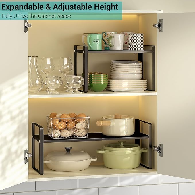 Astrorhine Expandable Cabinet Organizer Shelves, 88lbs High Weight Capacity, Heavy-Duty Metal Storage Rack, Adjustable Cabinet Shelf for Kitchen, Pantry, Cupboard, Under Sink, Black, Patent Pending