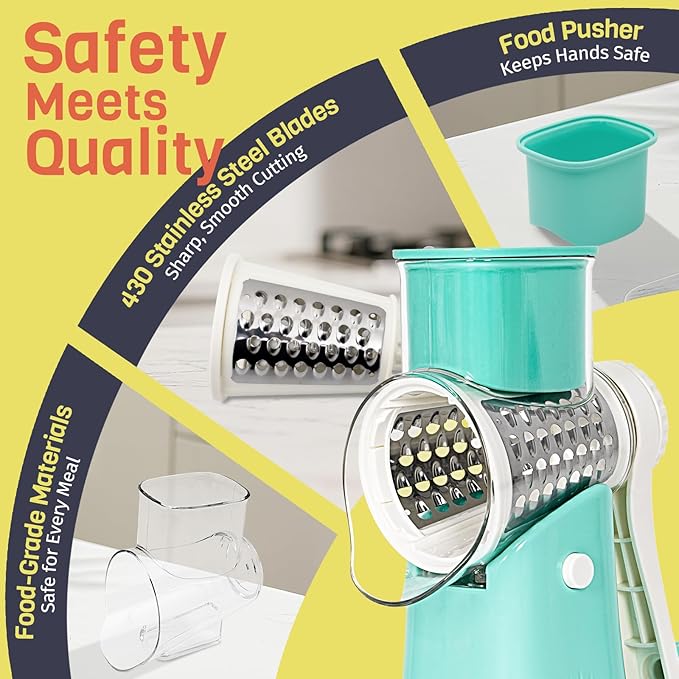 Nexsujo 5-in-1 Rotary Cheese Grater Hand Crank, Vegetable Slicer Shredder with 5 Interchangeable Blades, Graters for Kitchen, Safe Kitchen Tool for Cheese, Nuts, Blue