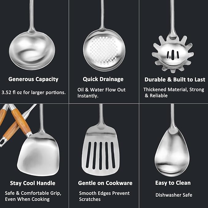 18/10 Stainless Steel Kitchen Utensils Set 6 Pcs Metal Cooking Utensil with Wood Handle, 15.5” Long Spatula, Soup spoon, Leaking shovel, Spaghetti Spoon Kitchen Tools Set (Wood handle - 6 Piece)