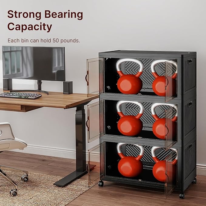Extra Large Stackable Storage Bins with Lids & Wheels, 165QT-55QT/14GAL*3Pack Foldable Collapsible Closet Organizers Dark Storage Cabinet with Doors for Bedroom Dorm