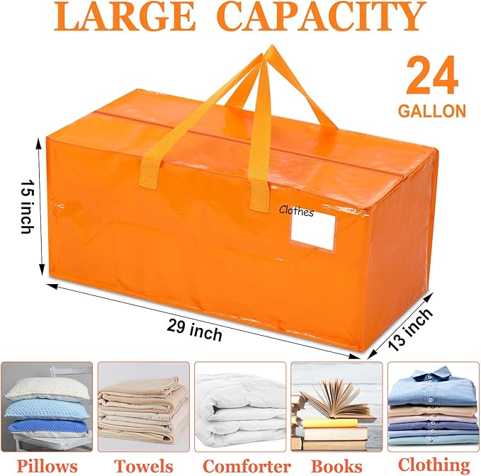 4 Pcs 24 Gallon Extra Large Moving Bags Heavy Duty Storage Bag with Strong Zipper Handle Foldable XXL Jumbo Storage Tote Packing Moving Box for College Dorm Travel Cloth Duffle (Jelly Orange)