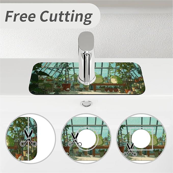 Kitchen Sink Splash Guard，cute cartoon frogs plants Faucet Mat Sink Gadgets-Super Absorbent Fast Drying Mat Drip Catcher for Kitchen, Bathroom,Sink Mat, Dish Drying Mat, Bathroom(15" X 5.5" )