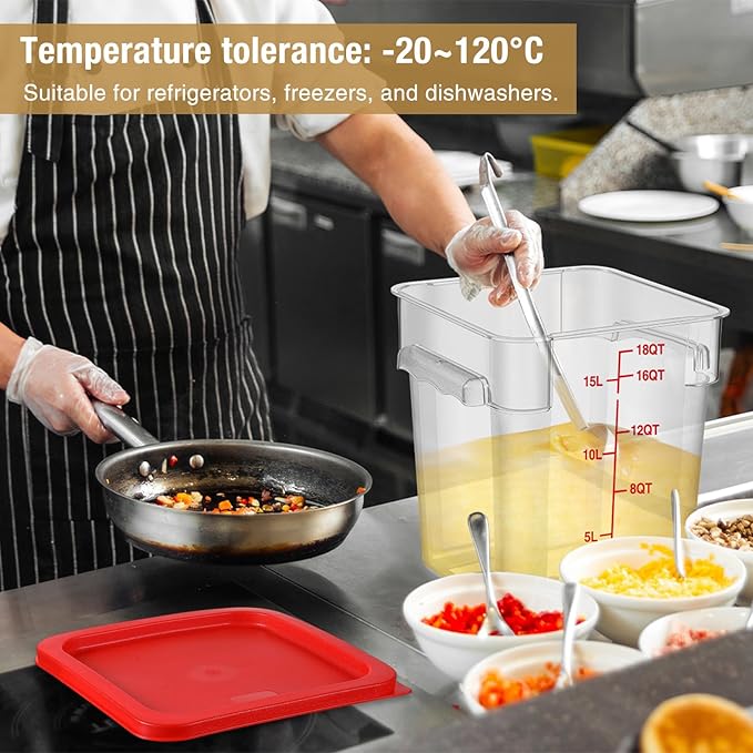 Suclain 2 Pcs Square Food Storage Container Polycarbonate Clear Food Container with Lid Commercial Rice Storage with Graduations for Commercial Kitchen(18 Qt,Red)