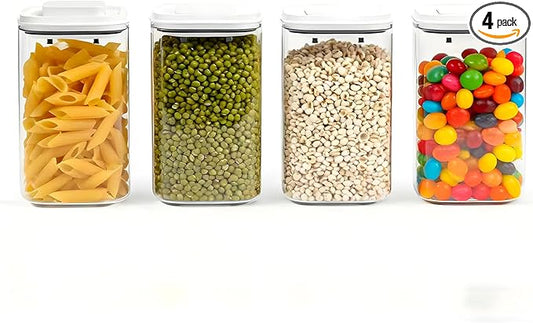 Pop Top Food Storage Container Set | 4Pcs Airtight Cereal Storage Organizer Canisters with Pop Lids, BPA-Free, Vacuum Seal & One-button Opening, Stackable Pantry Containers for Dry Food Storage