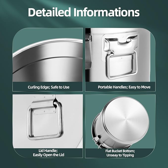 Stainless Steel Airtight Canister for Kitchen, 21L/5.54Gal Metal Food Storage Container Flour Bucket with Lid & Clamps, Bean Rice Cereal Canister Holder for Kitchen Restaurant, D13*H11.8in