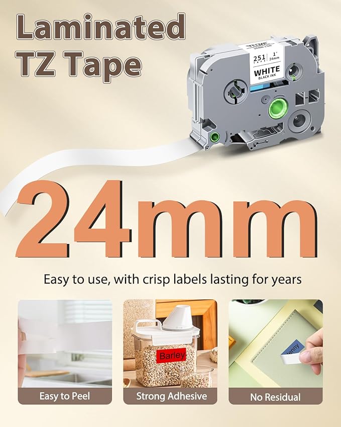 24mm 0.94 Laminated TZ Tape Clear/White/Red/Blue/Yellow/Green Compatible with Brother P Touch Label Tape 1" TZe-251 151 451 551 651 751 for PTouch D600 E500 P700 P710BT D410 D460BT D610BT, 6-Pack
