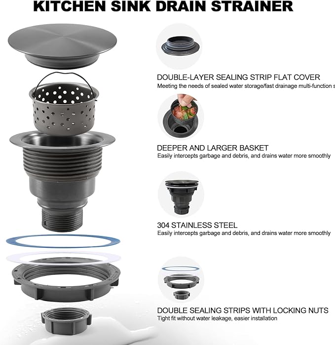 3 1/2" Kitchen Sink Drain Kit Replacement Sink Drain Assembly Removable 304 Stainless Steel Deepen Sink Strainer Basket with Sealing Cover for Kitchen Laundry Room RV(Black)