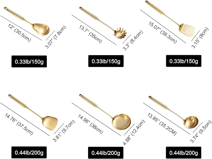 NIITAWH Gold Kitchen Utensils Set 18/10 Stainless Steel 6 Pcs Professional All Metal Cooking Utensils Set 12-15", Wok Spatula, Ladle, Skimmer, Slotted Spatula Turner, Spaghetti Spoon, Large Spoon