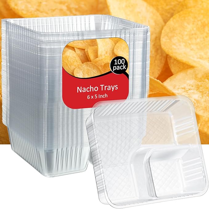 Vesici 100 Pcs 12oz Nacho Trays Disposable 2 Compartment Food Snack Tray Concession Stand Supplies Movie Night Clear Plastic Cheese Dip and Chip Holder for Candy School