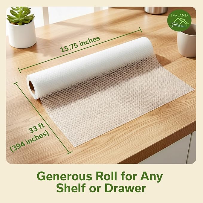 EVALAND Shelf Liners for Kitchen Cabinets Non-Adhesive 15.75" x 33FT Clear Drawer Liner Non Slip, Washable Cabinet Liner, Waterproof Shelf Liners for Cabinets, Refrigerator Bathroom Pantry Cabinet Mat