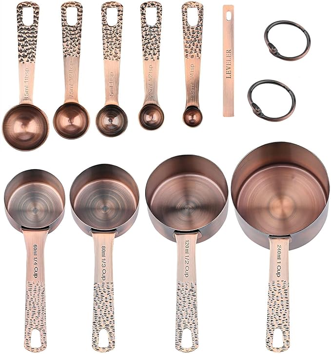 SUNMVEHOT Copper Measuring Cups and Spoons Set, Stainless Steel Measuring Tools Set for Baking & Kitchen, Metric & US 4 Copper Plated Measure Cups and 5 Measure Spoons with Leveler for Wet & Dry