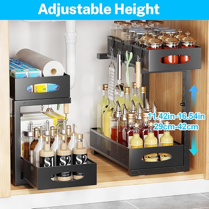 WROBTLD Under Sink Organizer, 2-Tier Pull Out Cabinet Organizer with Adjustable Height, Use in Kitchen Bathroom Cabinet and Countertop Storage, Black