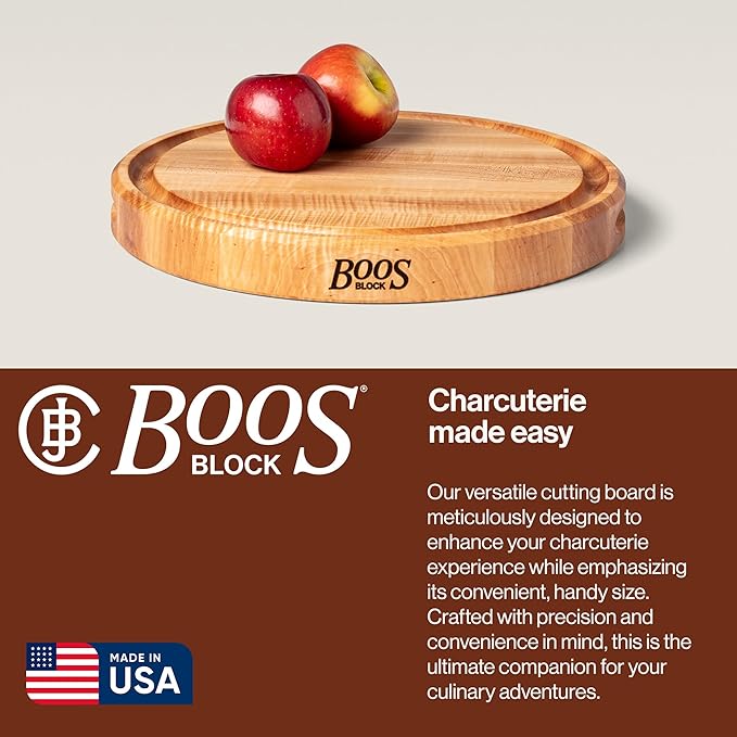 John Boos CB Series Round Wooden Maple Cutting Board 15”x15” – 1.75” Thick, 11-lb Reversible Butcher Block with Juice Groove, Edge-Grain & Finger Grips – Made in the USA