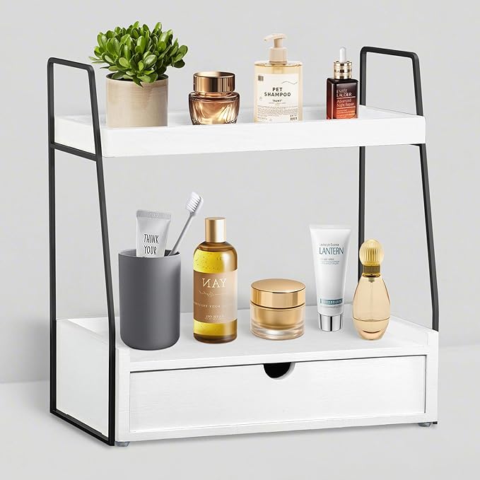 dreampossible 2-Tier Bathroom Organizer Countertop with Drawer, Wood Counter Organizer for Bathroom Decor, Sink Shelf for Vanity Storage, Makeup Tray for Perfume Skincare Bedroom Kitchen Corner