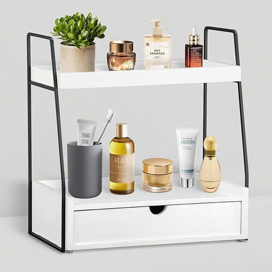 dreampossible 2-Tier Bathroom Organizer Countertop with Drawer, Wood Counter Organizer for Bathroom Decor, Sink Shelf for Vanity Storage, Makeup Tray for Perfume Skincare Bedroom Kitchen Corner