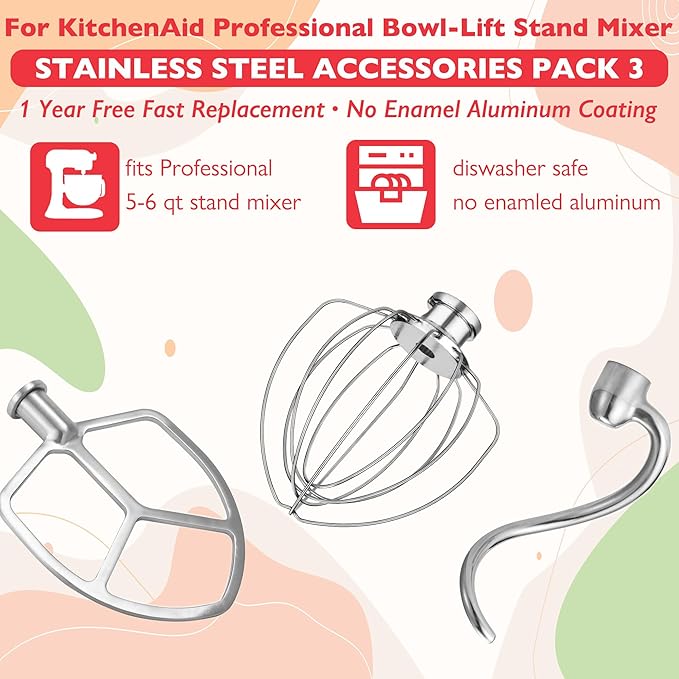 Wiselet Stainless Steel Accessories for KitchenAid 5-6 Qt Bowl-Lift Stand Mixer, Includes 6 Wire Whisk, Beater, Dough Hook, Dishwasher Safe and Heavy Duty, fits for KP26, KL26, KB26, KSM55/60