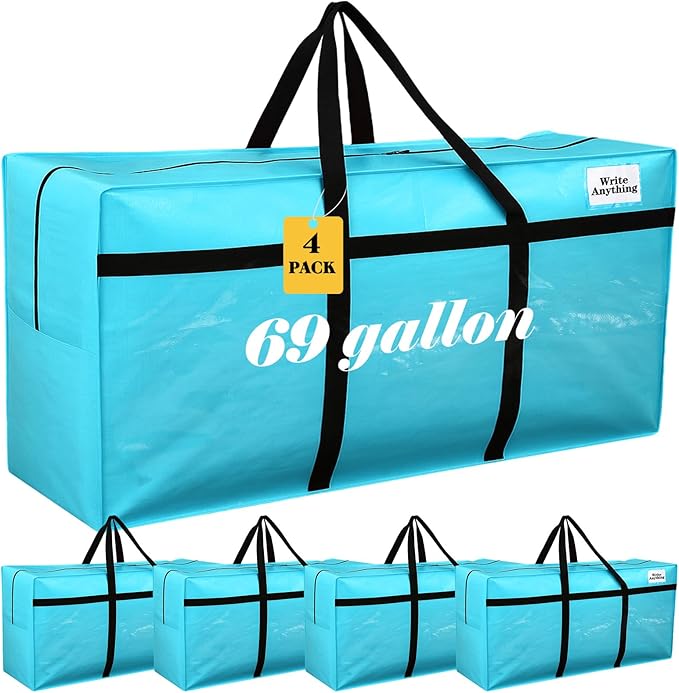 Windyun 4 Pack 69 Gallon Extra Large Moving Bags XXL Heavy Duty Storage Bag with Strong Zipper Handle Jumbo Big Tote Box Foldable for College Dorm Travel Clothes Duffle Blanket Pillow(Lake Blue)