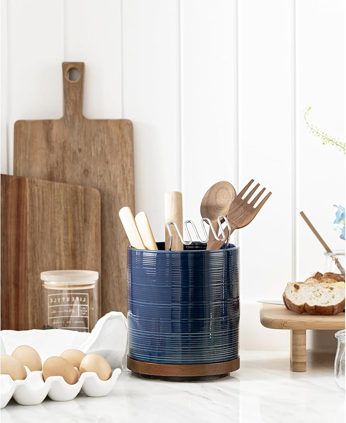 MIKIGEY Utensil Holder, 360° Rotating Extra Large Ceramic Kitchen Utensil Holder for Countertop, 7.3“ Cooking Utensil Crocks for Kitchen Counter with Rotatable Wooden Base, Farmhouse Decor, Dark Blue