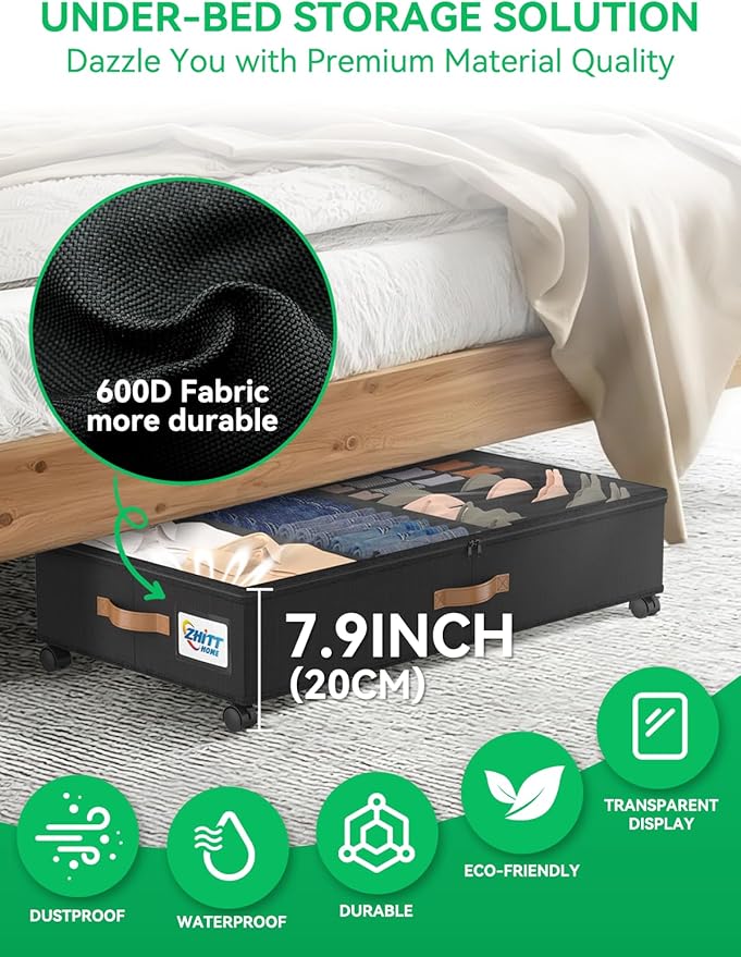 2Pack Under Bed Storage with Wheels, Under Bed Shoe Storage Containers, Clothes Organizer & Bedroom Furniture Organizers,Foldable Home Storage Bins for Bedroom Organization - Classic