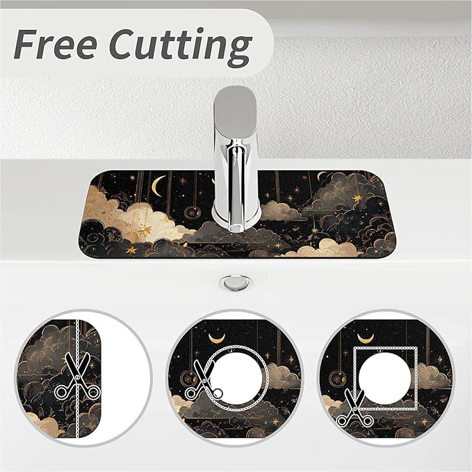 Kitchen Sink Splash Guard，clouds, stars,moons Faucet Mat Sink Gadgets-Super Absorbent Fast Drying Mat Drip Catcher for Kitchen, Bathroom,Sink Mat, Dish Drying Mat, Bathroom(15" X 5.5" )