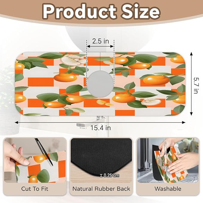 Orange Leaf Grid Pattern Kitchen Faucet Mat Splash Guard, 15.4”x5.7” Absorbent Quick Drying Sink Mat for Countertop Protection, Draining Mat Sink Protectors For Kitchen Bathroom, 1 Pack