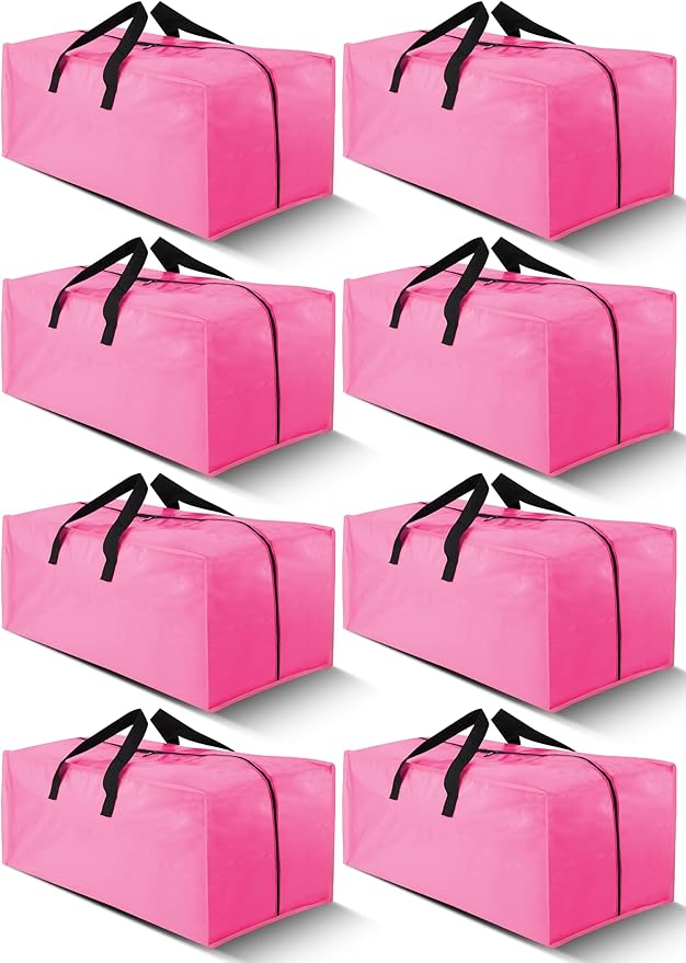 Cosy Family 8 Pack Heavy Duty Extra Large Moving Bags with Backpack Straps - Strong Handles & Zippers, Storage Totes For Space Saving, Fold Flat, Alternative to Moving Box (40 gal, Pink)