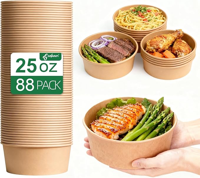 ganfaner 88 Pk 25 oz Disposable Kraft Paper Round Bowls【No Lid】, Microwave Deli Containers Leakproof, Salad Dressing Container for Lunch, Sturdy for Soup Toppings Snack Camping Family