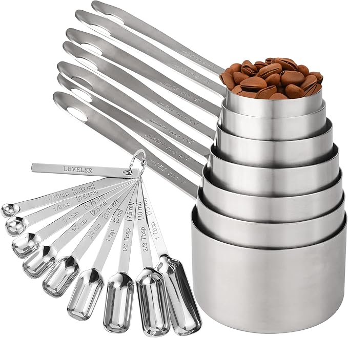 Nstezrne 17-Piece Stainless Steel Measuring Cups and Spoons Set, Silver, 7 Cups & 9 Spoons + Leveler