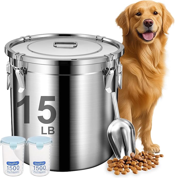 Newget Dog Food Storage Containers, Large Stainless Steel Pet Food Storage Containers 15 lb / 6.5 kg to Keep Fresh, Metal Airtight Cat Food Containers With Scoop and 2 Small Containers