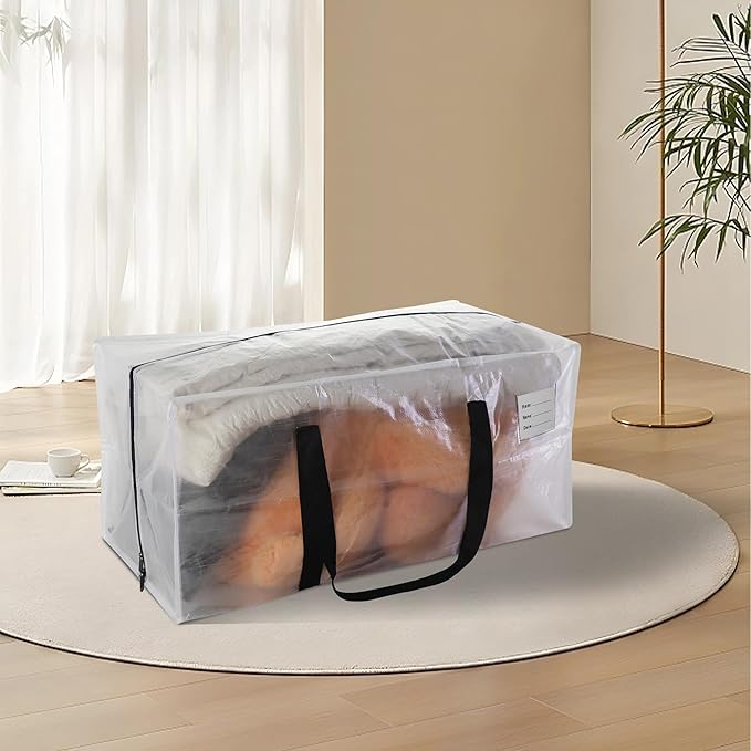 6 Pack Heavy Duty Extra Large Moving Bags with Black Handles, Waterproof Foldable Storage Totes, Clothing Storage Bags, Packing Moving Boxes for College Supplies & Seasonal Storage, Clear