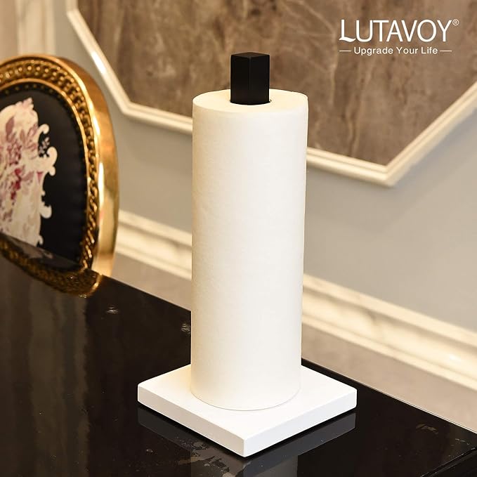 LUTAVOY Paper Towel Holder Kitchen Standing Paper Towel Roll Holder with Marble Base for Bathroom Kitchen Countertop(Matt Black,White Base KZ60)