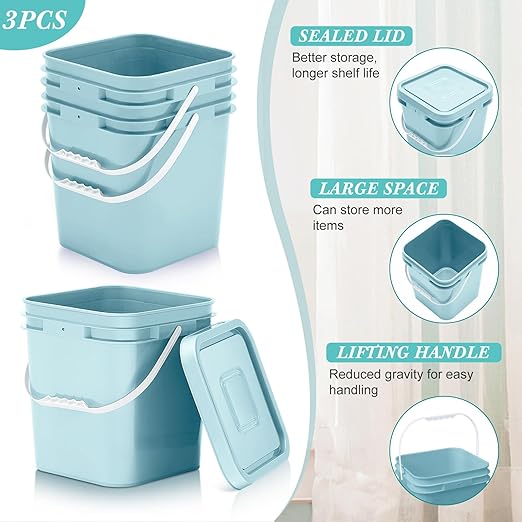 Mumufy 3 Pcs 3.5 Gallon Square Food Grade Bucket with Lid Square Bucket Pail with Plastic Handles for Storing Dry Food, Charcoal, Camping, Fishing (Aqua)
