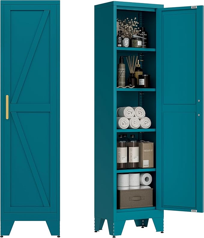 LCAOPC 67" Tall Narrow Bathroom Metal Storage Cabinet with 4 Adjustable Shelves, Freestanding 5 Tier Slim Pantry Storage Cabinet for Small Space, Peacock