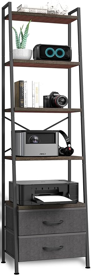 Whitmor 5-Tier Bookshelf with 2 Drawers, Narrow Modern Display Bookcase with Wood Shelves & Metal Frame, Freestanding Storage Rack for Living Room, Bedroom, Bathroom, Home Office, Black