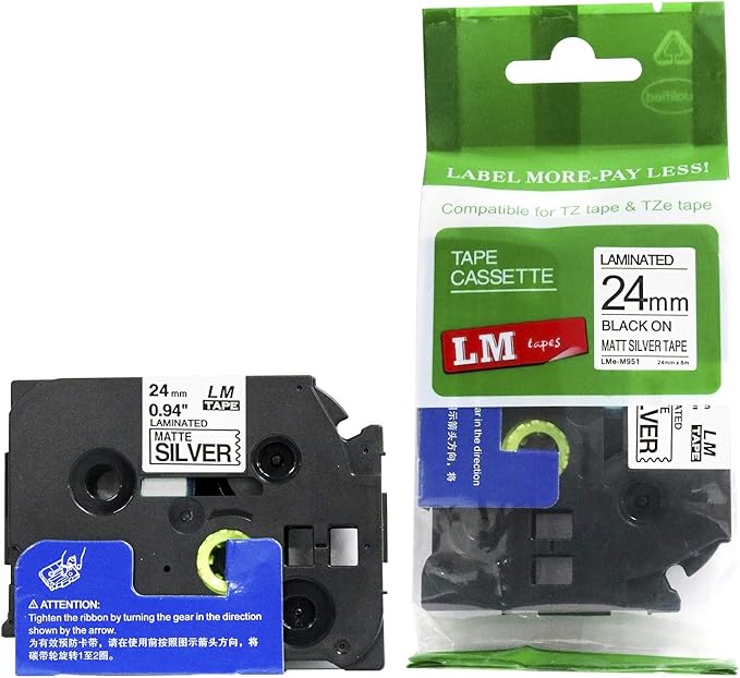 1/Pack LM Tapes - LMeM951 Premium 1" Black Print on Matte Silver Label Compatible with Brother TZe-M951 P-Touch and Includes Tape Color/Size Guide. Replaces TZ-M951 24mm 0.94 Laminated Ptouch.