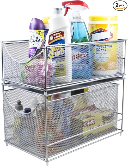 Sorbus® Cabinet Organizer Set —Mesh Storage Organizer with Pull Out Drawers—Ideal for Countertop, Cabinet, Pantry, Under the Sink, Desktop and More (Silver Two-Piece Set)