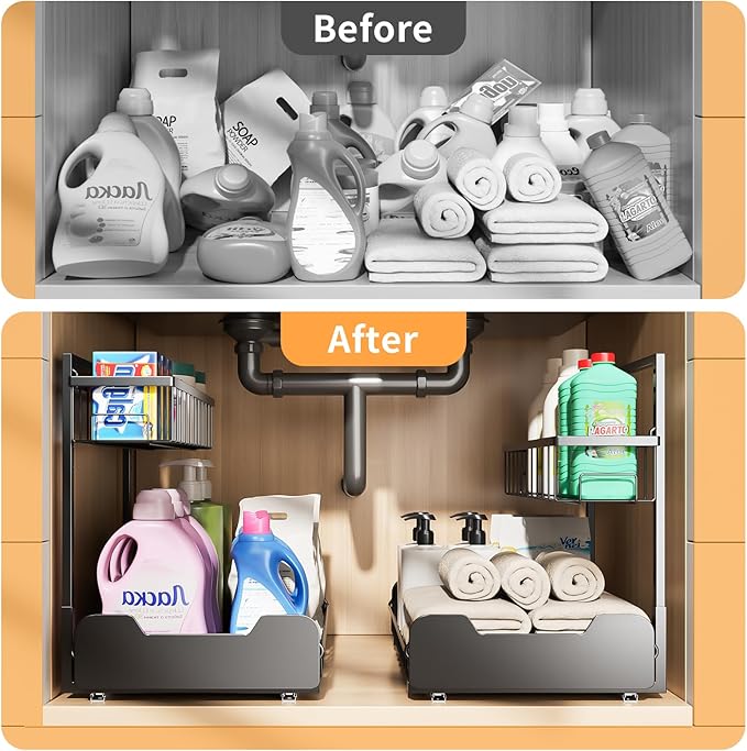 Under Sink Organizer, 2-Tier L-Shaped Pull Out Cabinet Shelf with 2 Installation Methods, Adjustable Sliding Storage Drawer for Kitchen, Bathroom, Laundry, Metal, Black