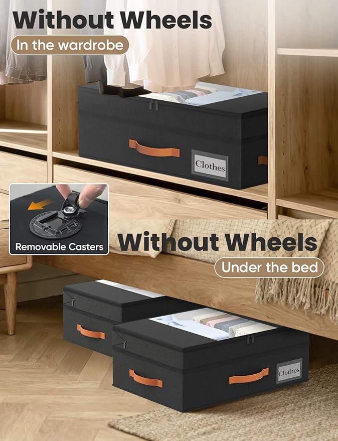 TOSKING Under Bed Storage with Wheels (2 Pack), Adjustable Height 7.9"-10.2", 6 Vacuum Bags, Expandable Rolling Underbed Bins, 600D Oxford Fabric, Drawer Organizer for Clothes, Shoes, Toys, Black