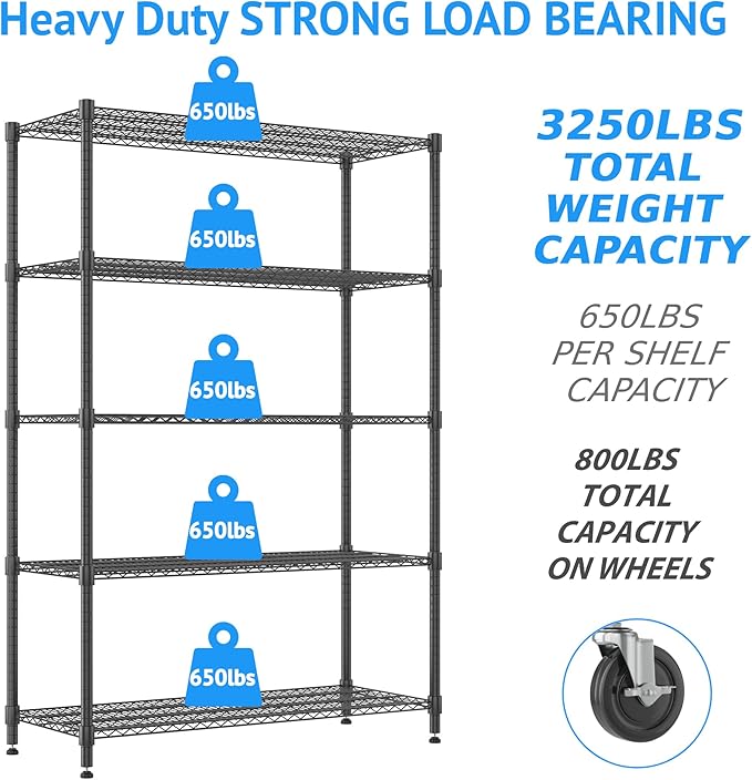 Homdox Heavy Duty Storage Shelves, 5 Tier Wire Shelving Unit with Wheels, Commercial Adjustable Metal Shelves for Storage, Garage Rack Pantry Shelves Kitchen Shelving, 24"x48"x82", Black