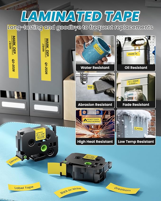 24mm Yellow Label Tape Replacement for Brother TZe-651 TZe651 P Touch Label Tape 1 Inch TZe TZ Tape 24mm 0.94 Laminated Yellow, Compatible with PT-D600 PT-D610BT PT-P700 PT-P710BT PT-T910BT, 4-Pack